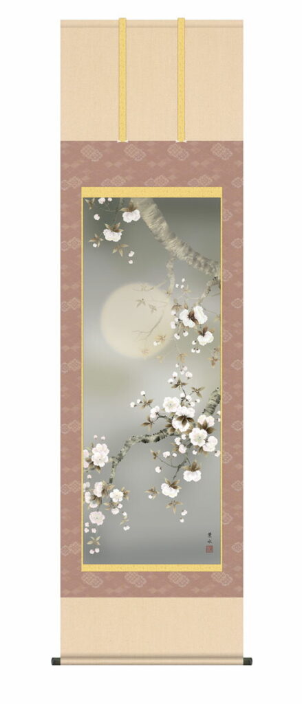掛け軸／掛軸／かけじく【花鳥画】 夜桜（緒方 葉水） 春掛け 春飾り 桜 夜桜 床の間 和室 モダン 花鳥画 【送料無料】【代引き手数料無料】