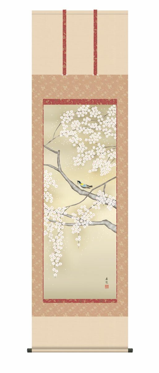 掛け軸 掛軸 花鳥画 桜花に小鳥 西尾 香悦(三美会) 春掛け 春飾り 桜 鳥 床の間 和室 モダン 花鳥画【送料無料】【代引手数料無料】
