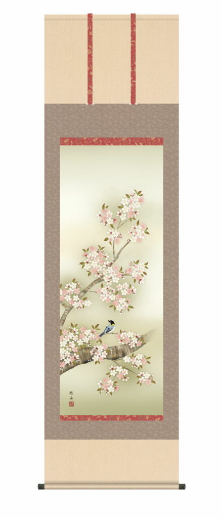 掛け軸 掛軸 かけじく【花鳥画】 桜花に小鳥（長江 桂舟） 尺五 高さ190×幅54.5cm 春掛け 春飾り 桜 鳥 床の間 モダン 和室 掛物 【送料無料】【代引き手数料無料】