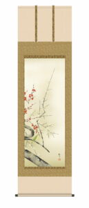 掛け軸【春掛け】<br>紅白梅に鶯（森山 観月）<br>　尺五立　高さ190×幅54.5cm　春掛け　春飾り　紅白梅　梅花床の間　モダン　和室　掛物　贈り物　花鳥画　【送料無料】【代引手数料無料】