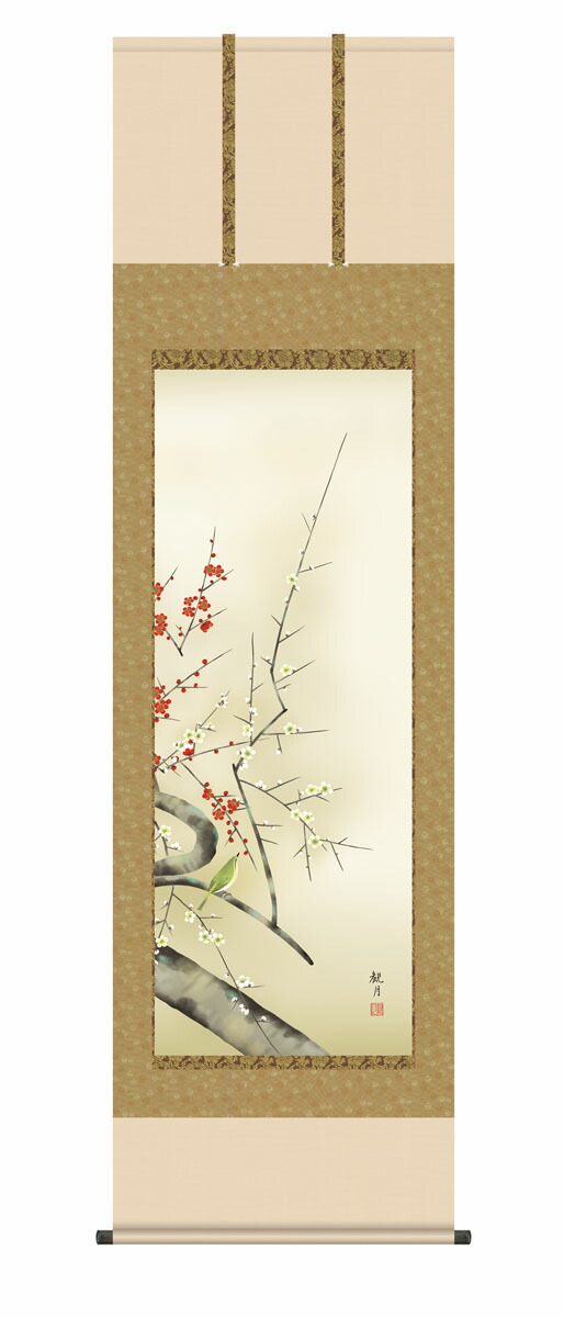 掛け軸【春掛け】 紅白梅に鶯（森山 観月） 尺五立 高さ190×幅54.5cm 春掛け 春飾り 紅白梅 梅花床の間 モダン 和室 掛物 贈り物 花鳥画 【送料無料】【代引手数料無料】