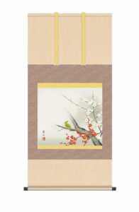 掛け軸　掛軸　かけじく【花鳥画】<br>紅白梅に鶯（高見　蘭石）<br>　春掛け　春飾り　紅白梅　梅花　尺五　高さ115×幅54.5cm　床の間　モダン　和室　掛物　【送料無料】【代引き手数料無料】