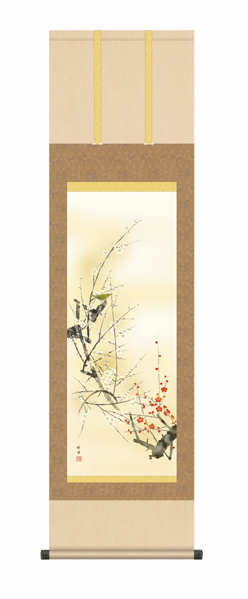 掛け軸 掛軸 かけじく 花鳥画 春掛け 紅白梅に鶯（田村 竹世） 尺三幅 春掛け 春飾り 紅白梅 梅花 床の間 和室 モダン 花鳥画【送料無料】【代引き手数料無料】