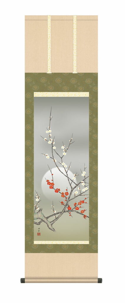 掛け軸 掛軸 かけじく 花鳥画 春掛け 朧月紅白梅（園田 峰彩） 尺三幅 春掛け 春飾り 紅白梅 梅花 床の間 和室 モダン 花鳥画【送料無料】【代引き手数料無料】