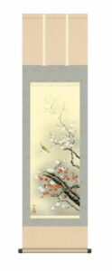 掛け軸 掛軸 かけじく 花鳥画 春掛け<br>紅白梅に鶯（田村 竹世） 尺三幅　<br>春掛け　春飾り　紅白梅　梅花　床の間　和室　モダン　花鳥画【送料無料】【代引き手数料無料】