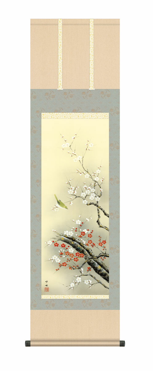 掛け軸 掛軸 かけじく 花鳥画 春掛け 紅白梅に鶯（田村 竹世） 尺三幅 春掛け 春飾り 紅白梅 梅花 床の間 和室 モダン 花鳥画【送料無料】【代引き手数料無料】