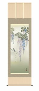 掛け軸　掛軸　かけじく【花鳥画】<br>藤花に小鳥（長江 桂舟）<br>尺五　高さ190×幅54.5cm　春掛け　春飾り　藤　藤花　藤色　小鳥　床の間　モダン　和室　掛物　【送料無料】【代引き手数料無料】