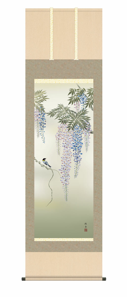 掛け軸 掛軸 かけじく【花鳥画】 藤花に小鳥（長江 桂舟） 尺五 高さ190×幅54.5cm 春掛け 春飾り 藤 藤花 藤色 小鳥 床の間 モダン 和室 掛物 【送料無料】【代引き手数料無料】