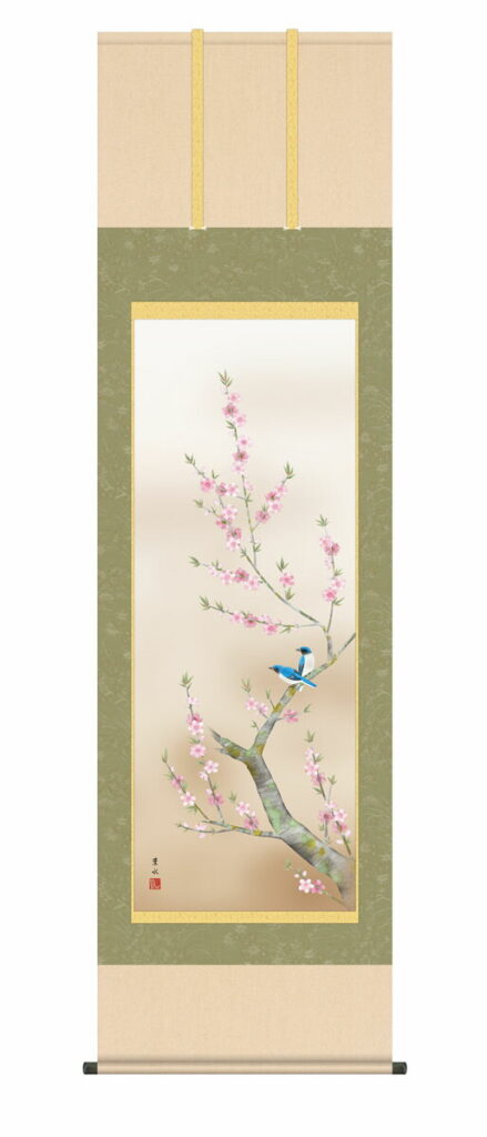 掛け軸／掛軸／かけじく【花鳥画】 桃花に小鳥（緒方 葉水） 春掛け 春飾り 桃 桃の節句 お雛様 床の間 和室 モダン 掛物 贈り物 花鳥画 【送料無料】【代引き手数料無料】