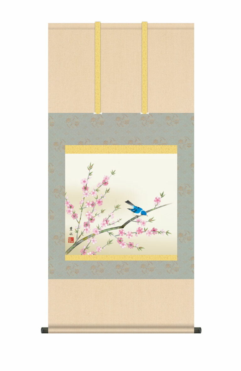掛け軸／掛軸／かけじく【花鳥画】 桃花に小鳥（緒方 葉水） 春掛け 春飾り 桃 桃の節句 お雛様 床の間 和室 モダン 掛物 贈り物 花鳥画 【送料無料】【代引き手数料無料】