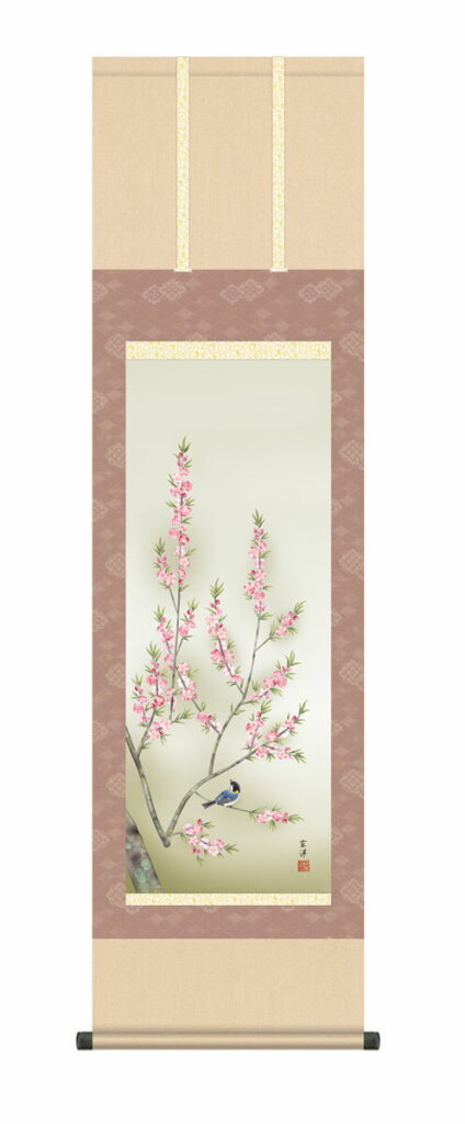 掛け軸【花鳥】 桃花に小鳥（近藤 玄洋） 尺三 高さ164×幅44.5cm 春掛け 春飾り 桃 桃の節句 お雛様 床の間 和室 モダン 掛物 贈り物 花鳥画【送料無料】【代引手数料無料】