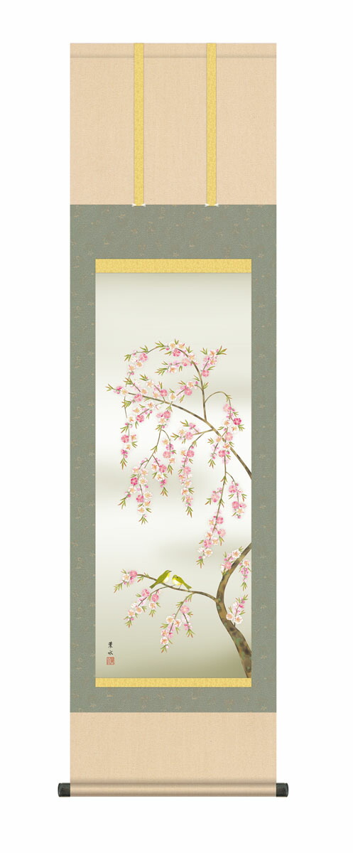 【掛け軸／掛軸／花鳥画】 桃花に小鳥（緒方 葉水） 春掛け 春飾り 桃 桃の節句 お雛様 床の間 和室 モダン 掛物 贈り物 花鳥画 【送料無料】【代引き手数料無料】