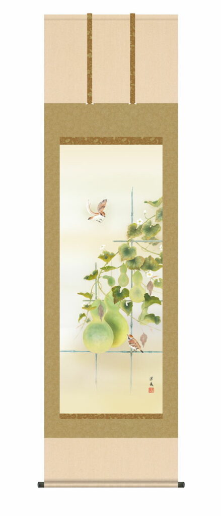 掛け軸／掛軸／かけじく【花鳥画】 六瓢（打田 洋美） 夏掛け 夏飾り 瓢箪 ひょうたん 無病息災 健康長寿 床の間 和室 モダン 掛物 贈り物 花鳥画【送料無料】【代引き手数料無料】