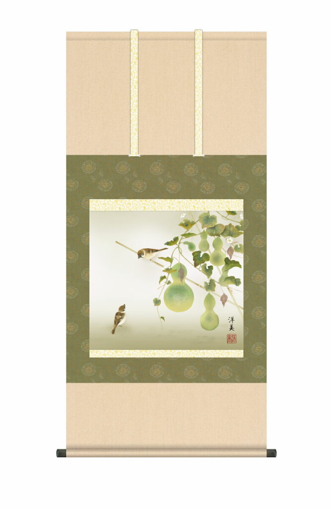 掛け軸／掛軸／かけじく【花鳥画】 六瓢（打田 洋美） 夏掛け 夏飾り 瓢箪 ひょうたん 無病息災 健康長寿 床の間 和室 モダン 掛物 贈り物 花鳥画【送料無料】【代引き手数料無料】