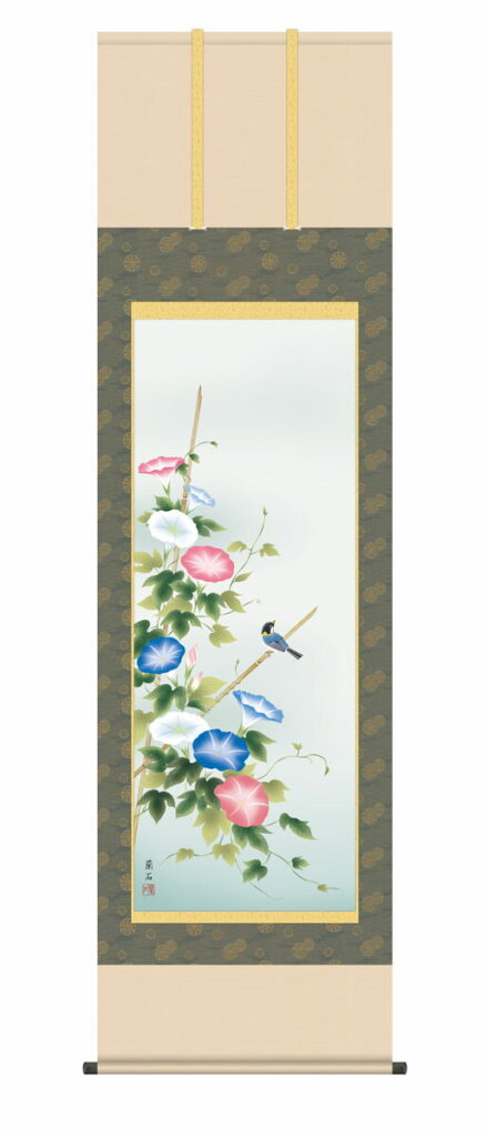 掛け軸 掛軸 かけじく【花鳥画】 朝顔（高見 蘭石） 夏掛け 夏飾り あさがお アサガオ 清涼感 家庭円満 床の間 和室 モダン 掛物 贈り物 花鳥画 【送料無料】【代引き手数料無料】