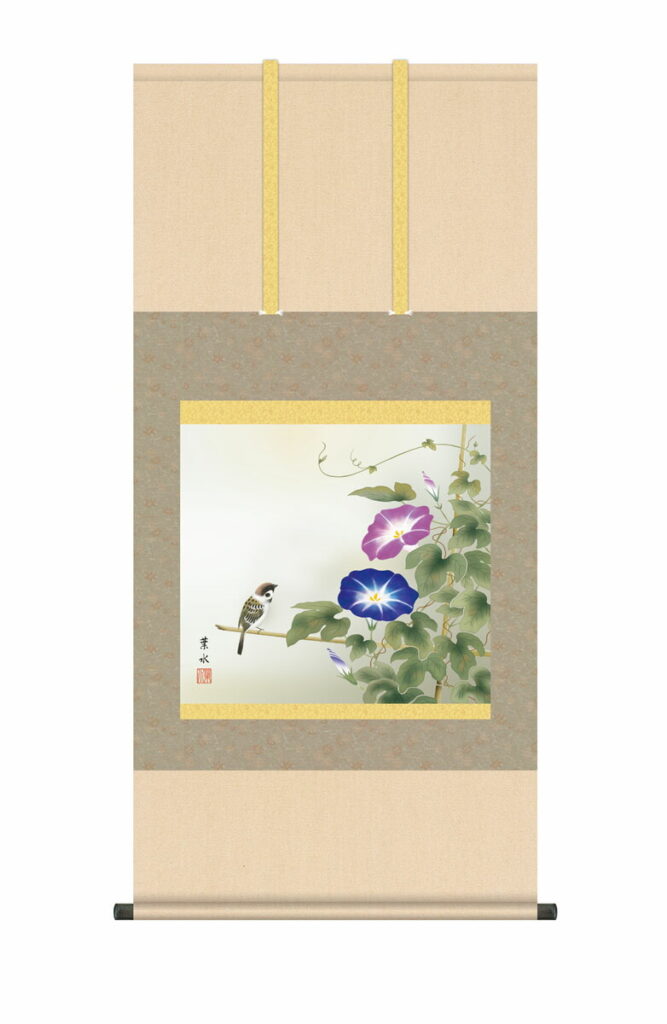 掛け軸／掛軸／かけじく【花鳥画】 朝顔（緒方 葉水） 夏掛け 夏飾り あさがお アサガオ 清涼感 家庭円満 床の間 和室 モダン 掛物 贈り物 花鳥画 【送料無料】【代引き手数料無料】