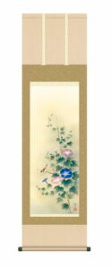 掛け軸(掛軸)【尺三幅】<br>朝顔(高見 蘭石)<br>尺三　高さ164×幅44.5cm　夏掛け　夏飾り　あさがお　アサガオ　清涼感　家庭円満　床の間　和室　モダン　掛物　贈り物　花鳥画【送料無料】【代引き手数料無料】