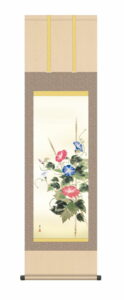 【掛け軸／掛軸／花鳥画】<br>朝顔（緒方 葉水）<br>夏掛け　夏飾り　あさがお　アサガオ　清涼感　家庭円満　床の間　和室　モダン　掛物　贈り物　花鳥画<br>【送料無料】【代引き手数料無料】