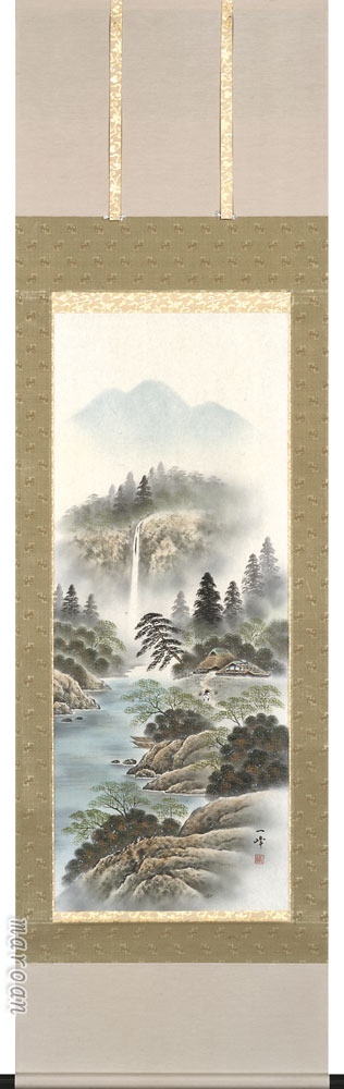 掛け軸 彩色山水(保母 一峰)<br>年中掛け・新築祝い【送料無料】【代引手数料無料】