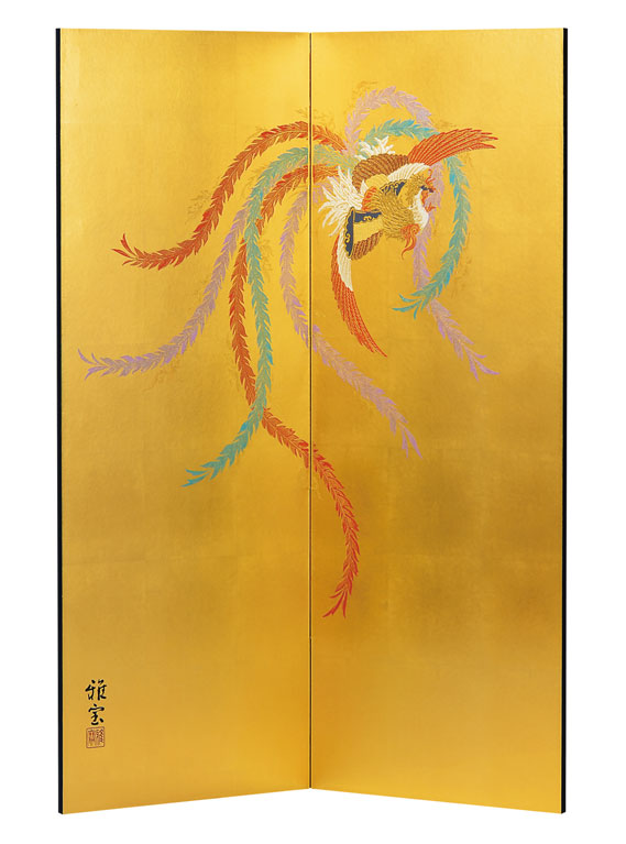 金屏風 【肉筆美術金屏風】野口雅宝作 金彩鳳凰絵二曲屏風【全国送料無料】 商品画像