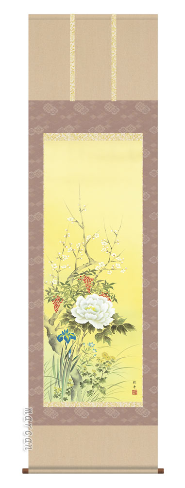 掛け軸 掛軸 花鳥 尺五 四季花（長江 桂舟） 送料無料 代引手数料無料