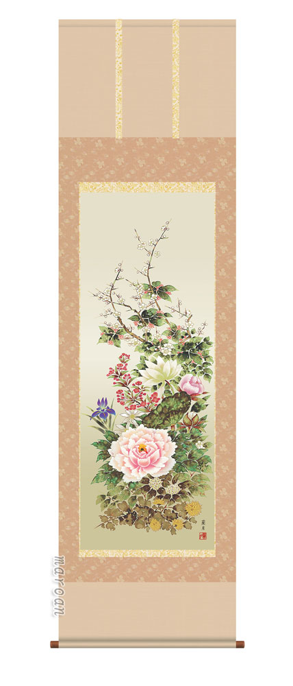 掛け軸 掛軸 花鳥画<br>四季花（吉井　蘭月）<br>送料無料 代引き手数料無料