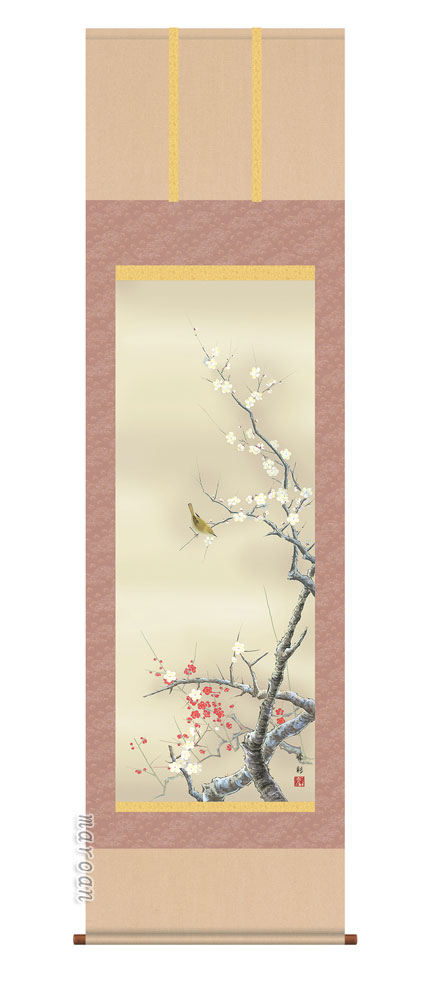 掛け軸／掛軸【春】<br>紅白梅に鶯（園田　峰彩）<br>【送料無料】【代引手数料無料】