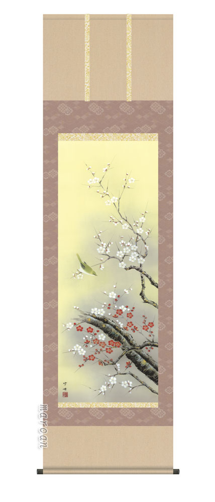 掛け軸／掛軸 紅白梅に鶯（田村 竹世） 【送料無料】【代引手数料無料】