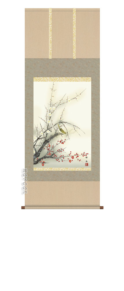 掛け軸／掛軸／かけじく【花鳥画】 紅白梅に鶯（浮田 秋水） 【送料無料】【代引き手数料無料】