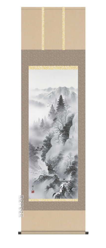 掛け軸／掛軸／かけじく【山水画】<br>水墨山水（江本　修山）<br>【送料無料】【代引き手数料無料】