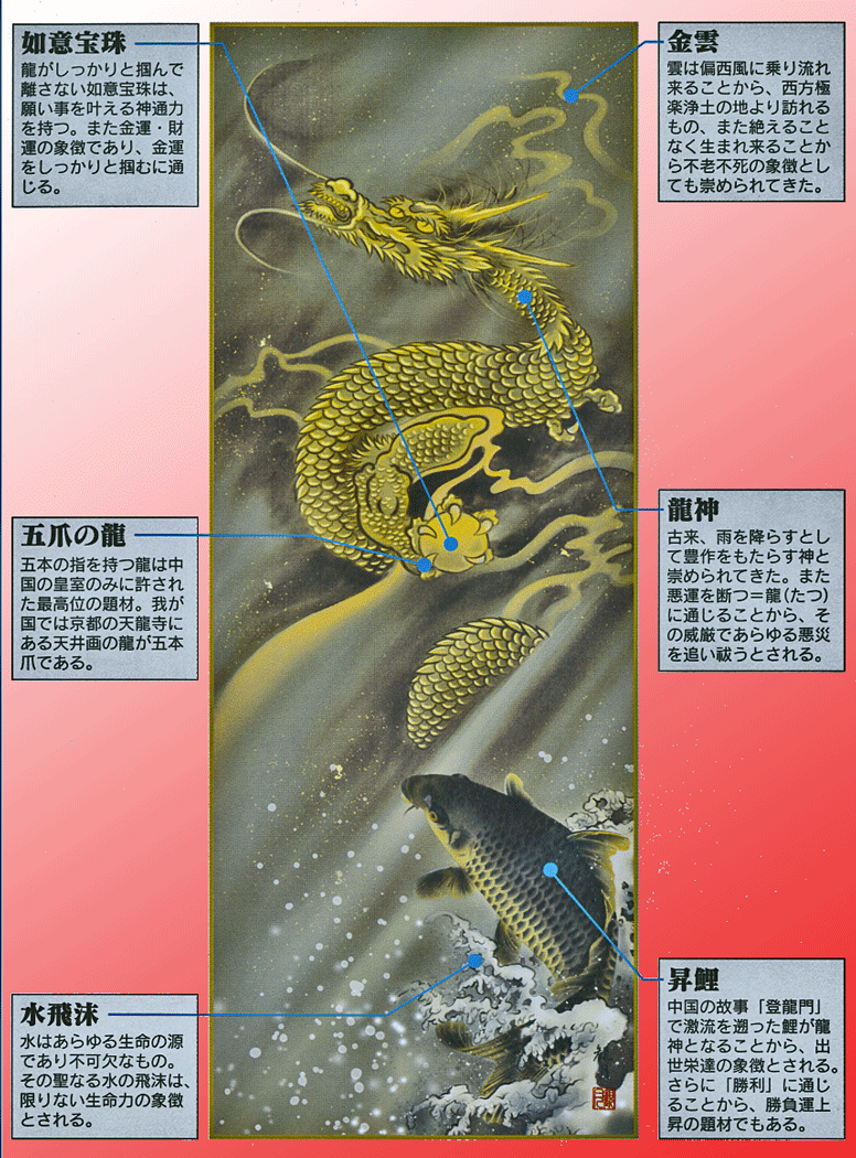 虎・龍 掛軸【龍・鯉】天翔飛龍昇鯉之図（森山 観月） 商品画像